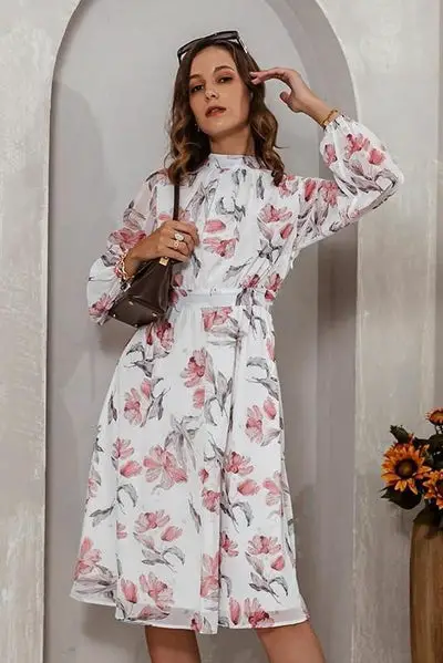 Vintage Bohemian Langes Kleid Hoher Ausschnitt 2022