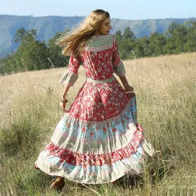 Bohemianisches schickes rosa langes Kleid Böhmisch