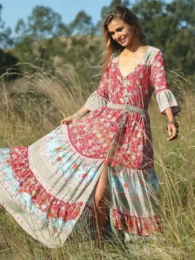 Bohemianisches schickes rosa langes Kleid billig