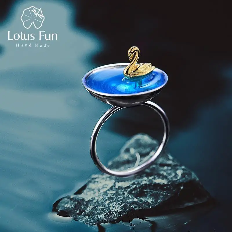 Lotus Fun Real 925 Sterling Silber Feinschmuck kreativer natürlicher handgefertigter Designer poetischer Schwan im Meer Ringe für Frauen Schmuck gut