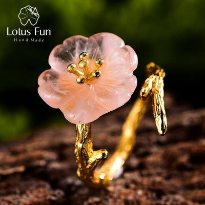 Lotus Fun Real 925 Sterling Silber Handgefertigter Feinschmuck Blume im Regen Offener Ring Damenschmuckringe Stern