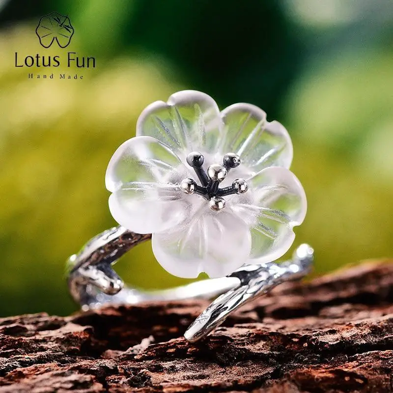 Lotus Fun Real 925 Sterling Silber Handgefertigter Feinschmuck Blume im Regen Offener Ring Damenschmuckringe chic