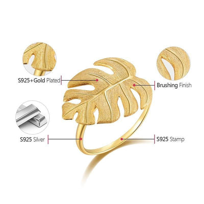 Lotus Fun Real 925 Sterling Silber Natural Designer Feinschmuck 18K Gold Monstera Leaves Verstellbarer Ring Ring für Damenschmuck Stern