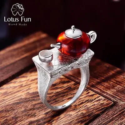 Lotus Fun Real 925 Sterling Silber Naturbernstein Ring Original handgemachter Feinschmuck Vintage Cute Teekannenringe für Frauen Schmuck beste