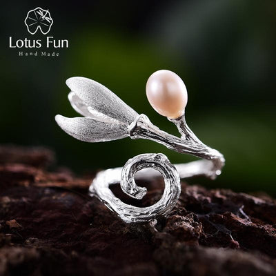 Lotus Fun echt 925 Sterling Silber Naturperle kreativer handgefertigter Feinschmuck Magnolienblütenringe für Frauen Designer-Schmuck 2020