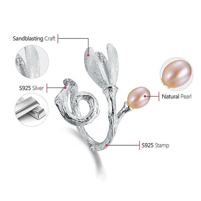 Lotus Fun echt 925 Sterling Silber Naturperle kreativer handgefertigter Feinschmuck Magnolienblütenringe für Frauen Designer-Schmuck boho
