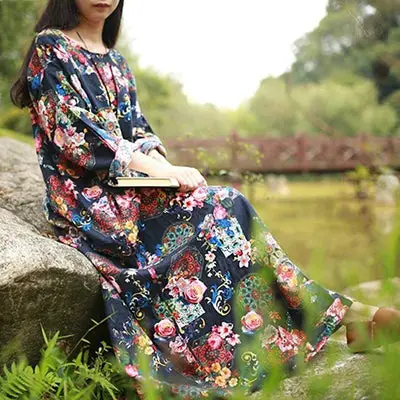Maxi-Langes Kleid mit Blumen im böhmischen Stil Elegant
